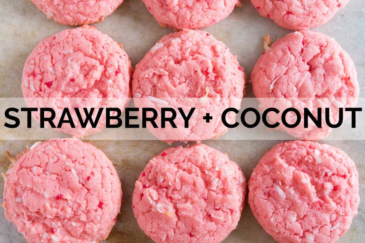 Cake mix cookies made with strawberry cake mix and coconut.
