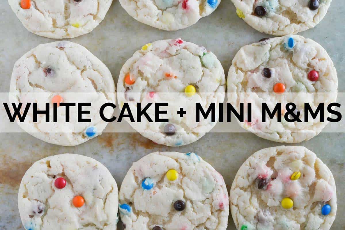 Cake mix cookies made with white cake mix and mini m&ms.