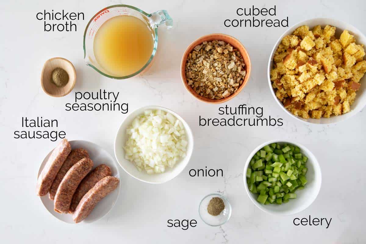 Ingredients needed for Cornbread Stuffing with Sausage.