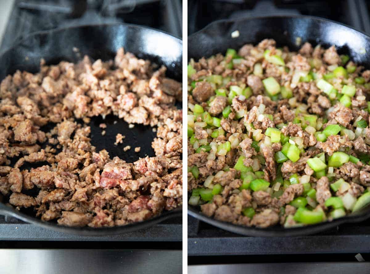 Cooking sausage and vegetables for cornbread stuffing.