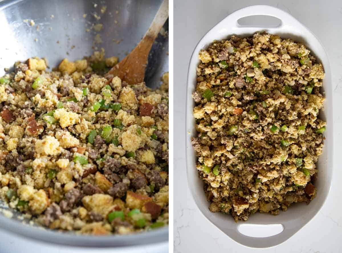 Mixing ingredients together to make Cornbread Stuffing with Sausage.