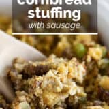 Cornbread Stuffing with Sausage with text overlay.