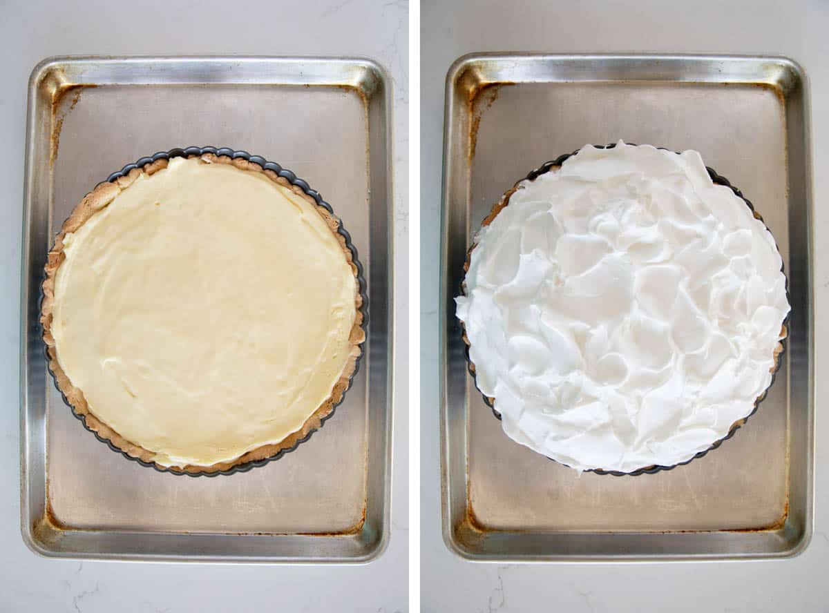 Lemon cream in a tart shell and lemon tart topped with meringue.