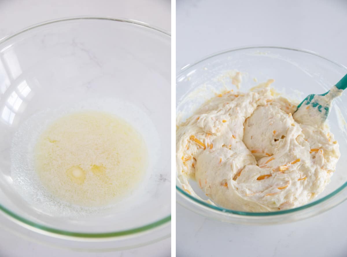 Mixing ingredients to make funeral potatoes.