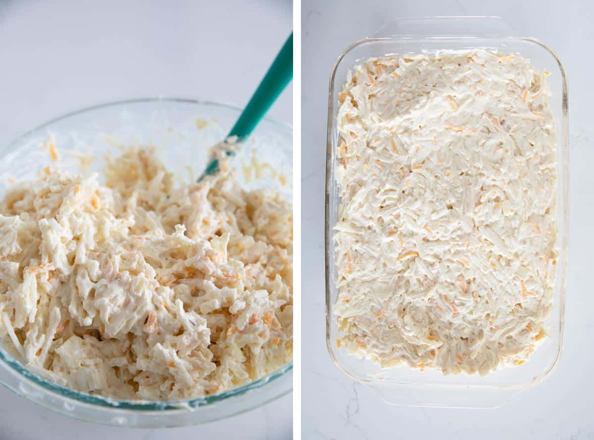 Mixing ingredients together for funeral potatoes.