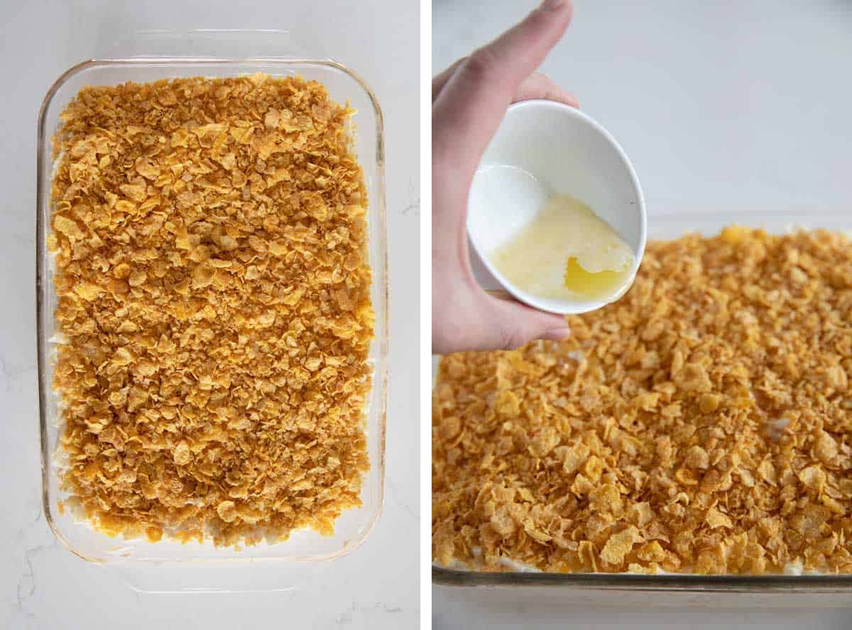 Topping funeral potatoes with cornflakes and butter.