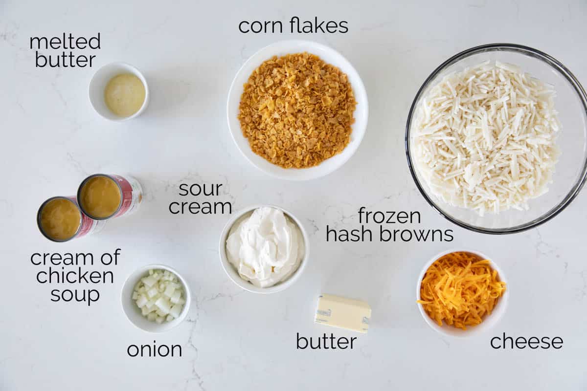 Ingredients needed to make funeral potatoes.