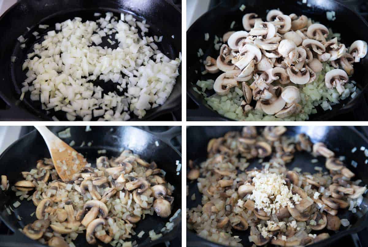 Cooking onions, mushrooms, and garlic for green bean casserole.