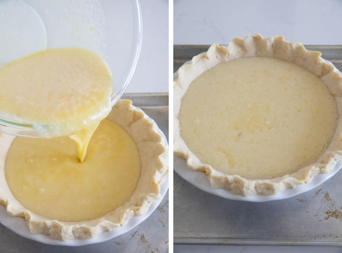 Pouring filling into pie crust for lemon chess pie.