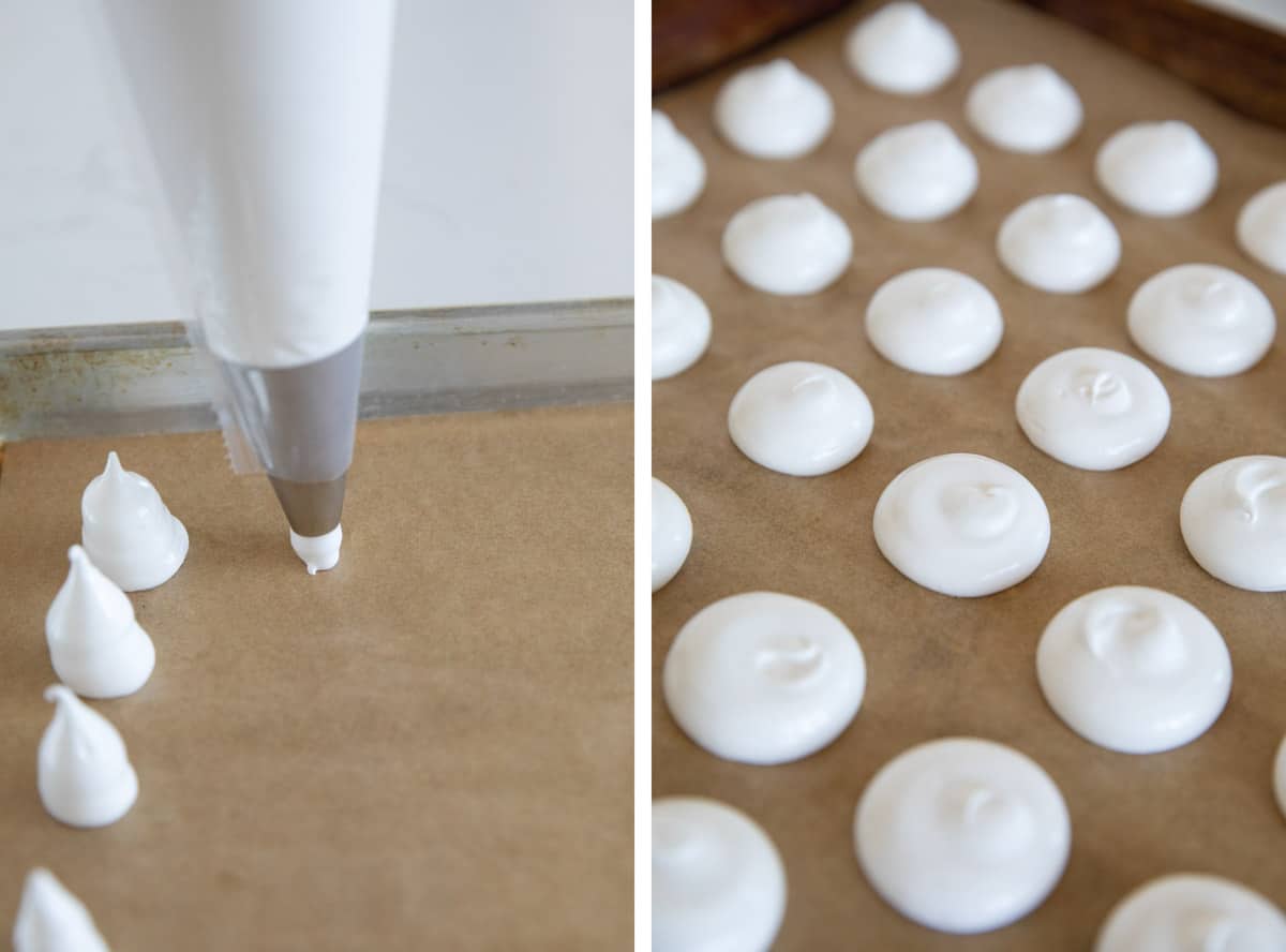 Piping stems and caps from meringue for Meringue Mushrooms.