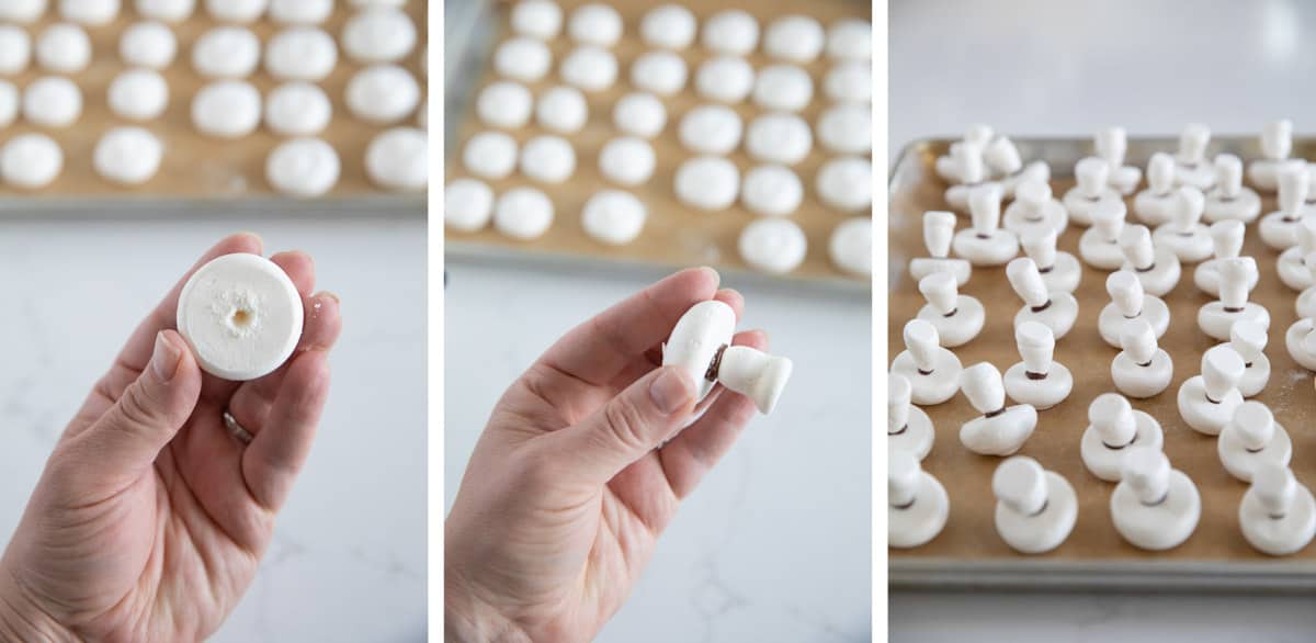 Steps to assemble meringue mushrooms.