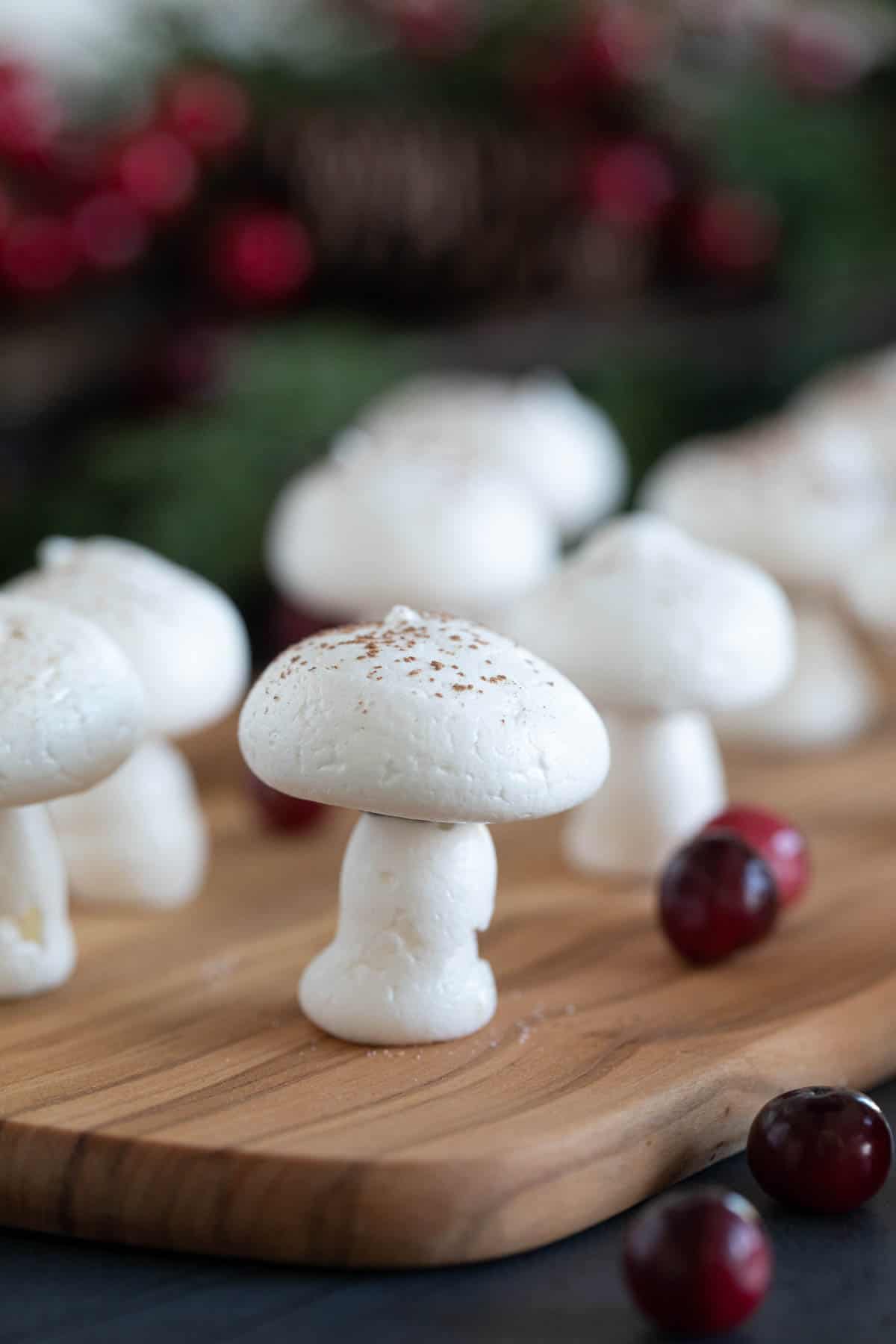 Meringue mushrooms topped with cocoa powder.