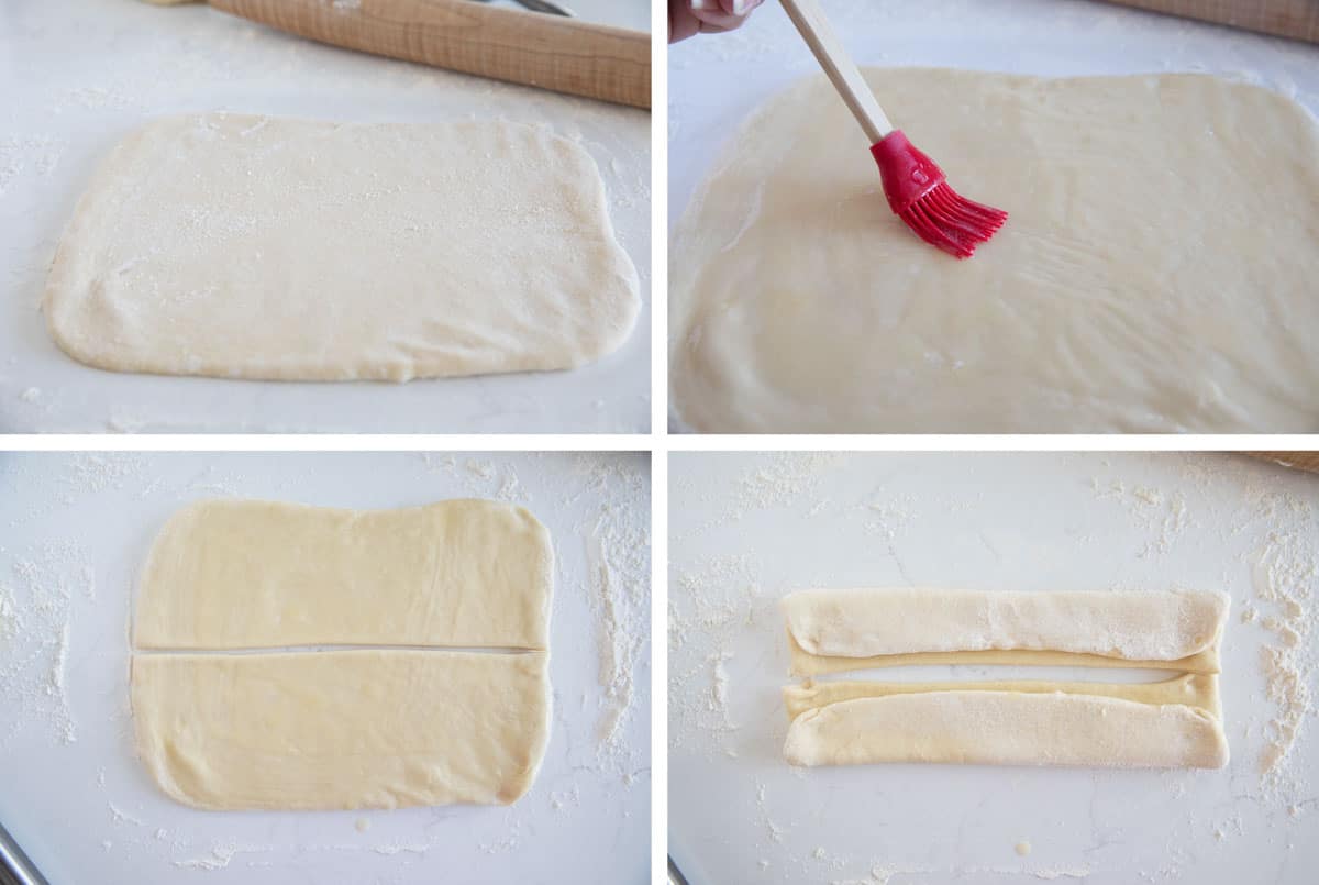 Rolling out dough, brusing with butter, and cutting into pieces.