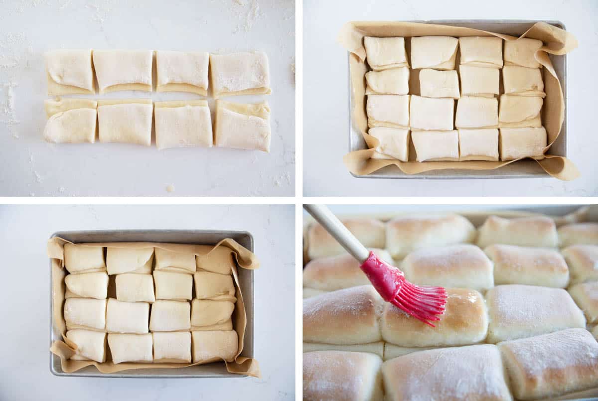 folding dough for Parker House Rolls, then placing in pan, rising, and brushing with butter.