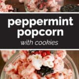 Peppermint Popcorn with Cookies collage with text bar in the middle.