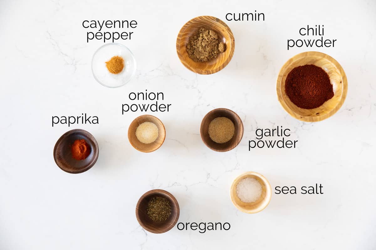 Ingredients needed to make homemade taco seasoning.