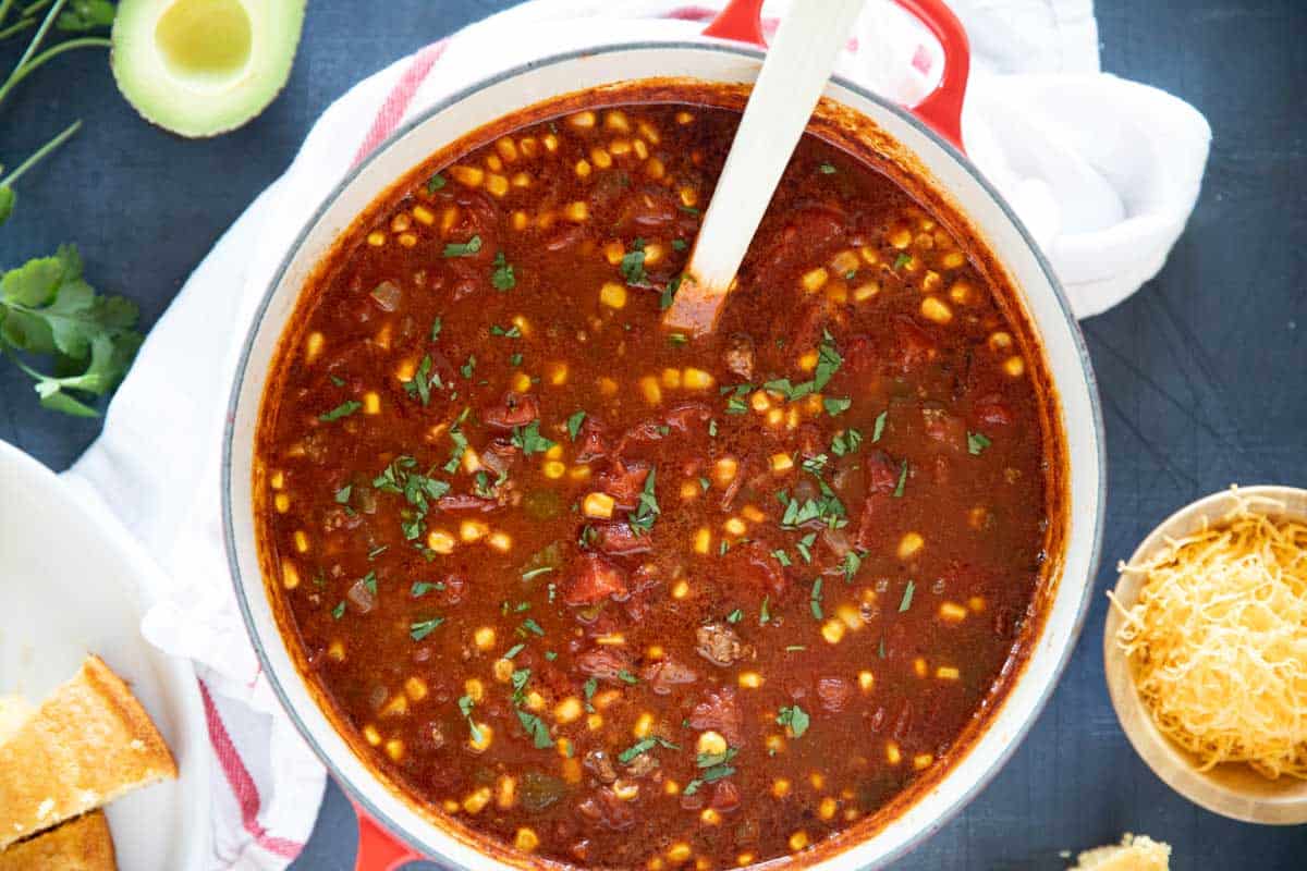 Pot of Taco Soup topped with cilantro.