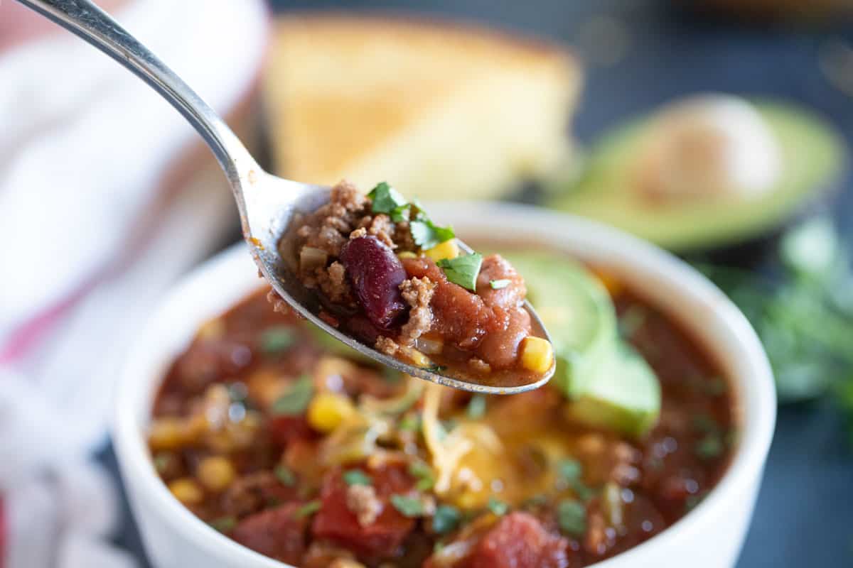 Spoon full of taco soup.