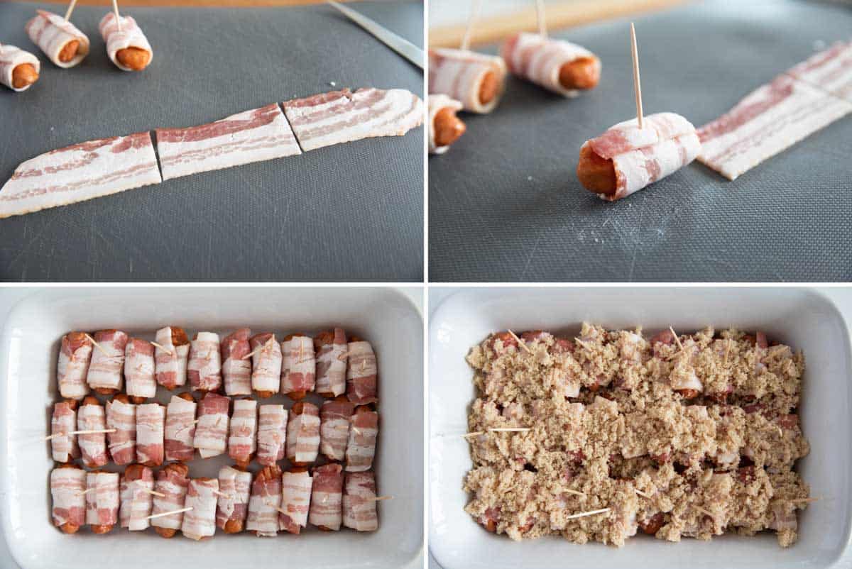 Steps to make bacon wrapped smokies.