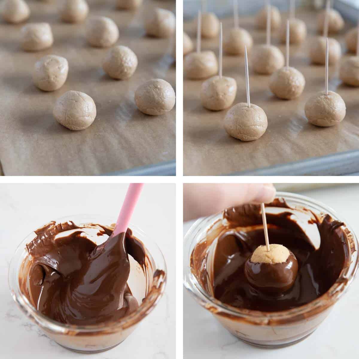 Dipping buckeye candy in chocolate.