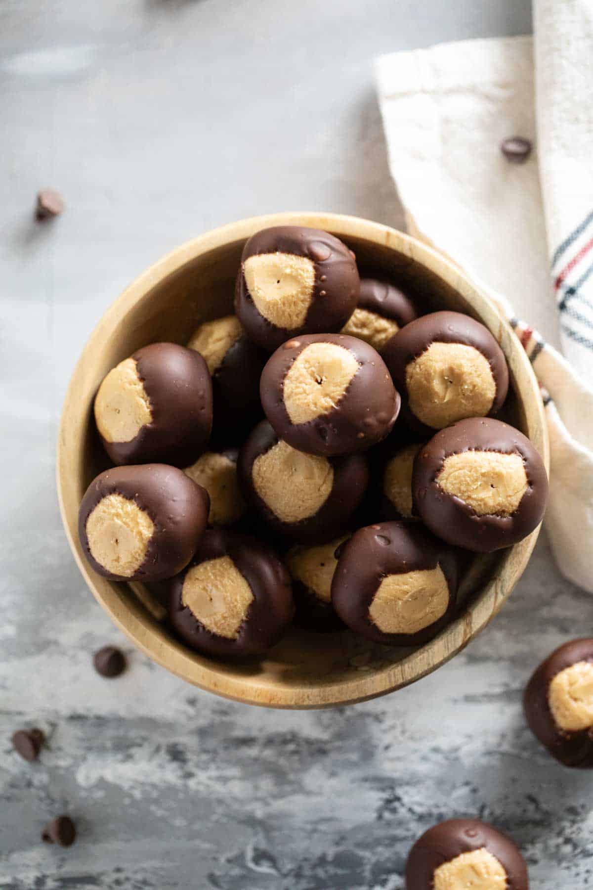 Bowl of buckeyes - chocolate and peanut butter candies.