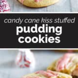 Candy Cane Kiss Stuffed Pudding Kisses collage with text bar in the middle.