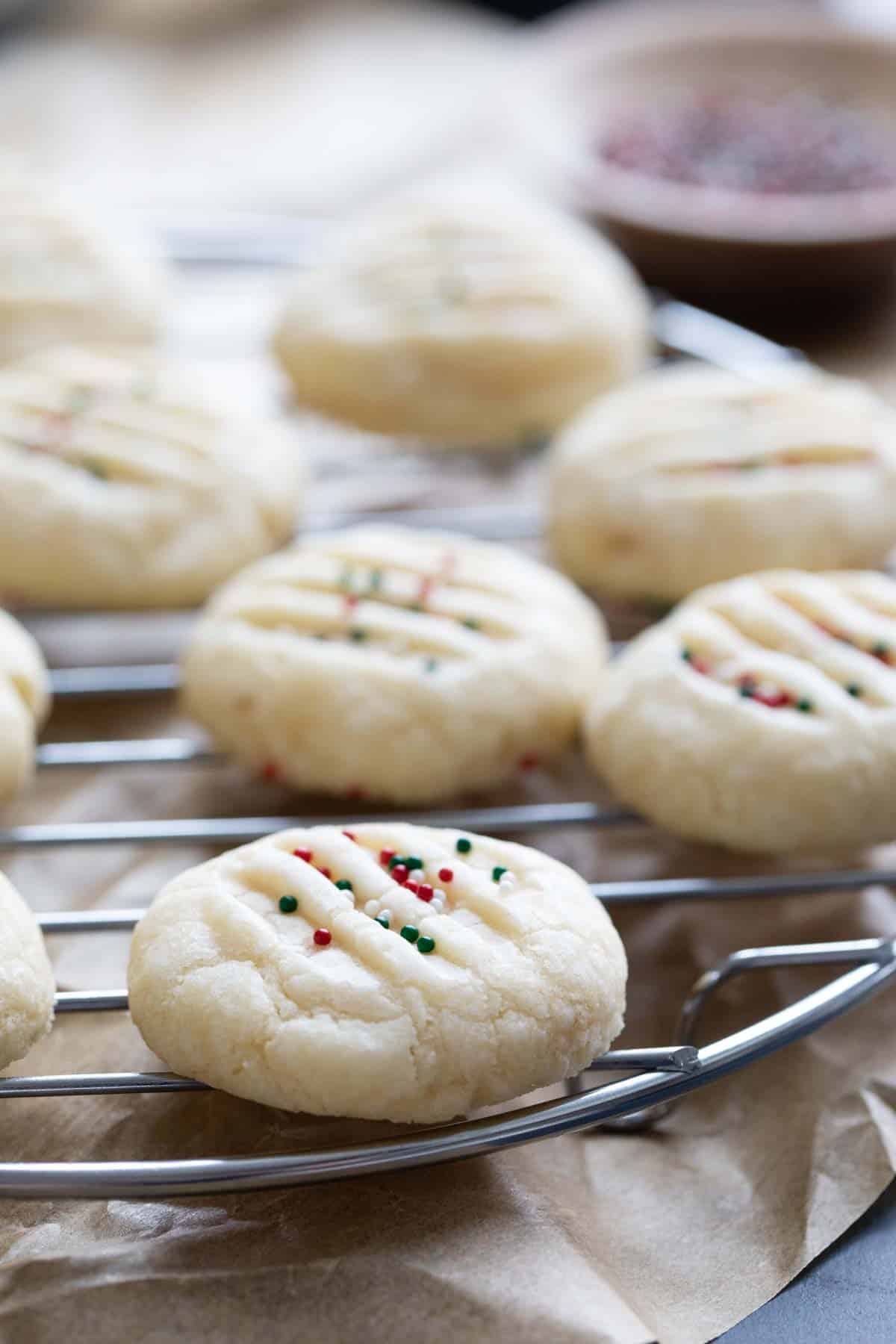 Christmas Shortbread Cookies on a cooling rack.