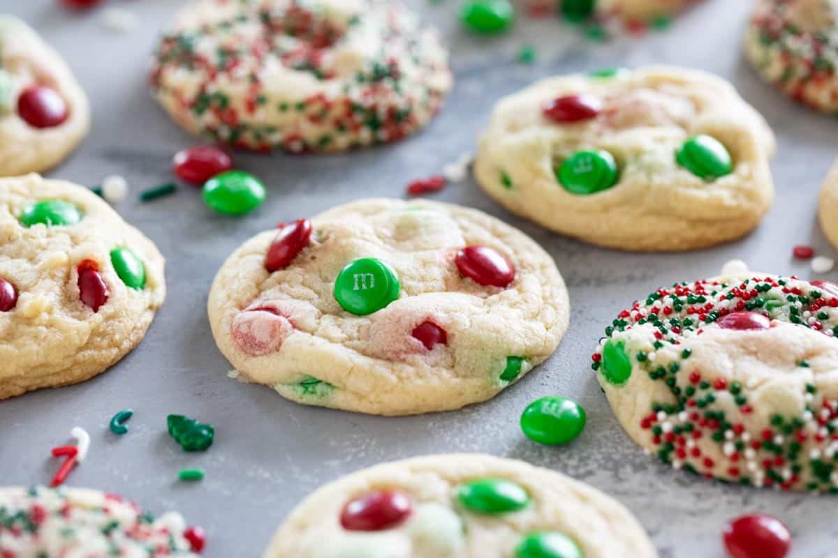 Christmas M&M Cookies with red and green m&ms and sprinkles.