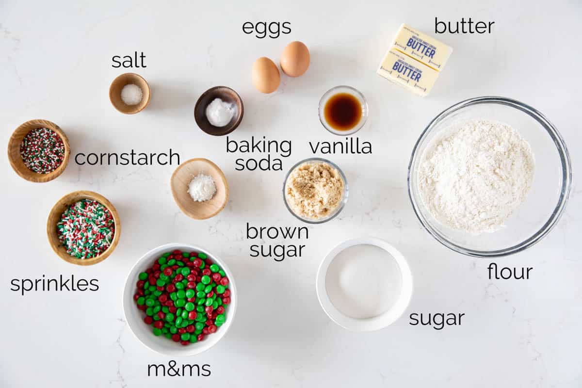 Ingredients for Christmas M&M Cookies