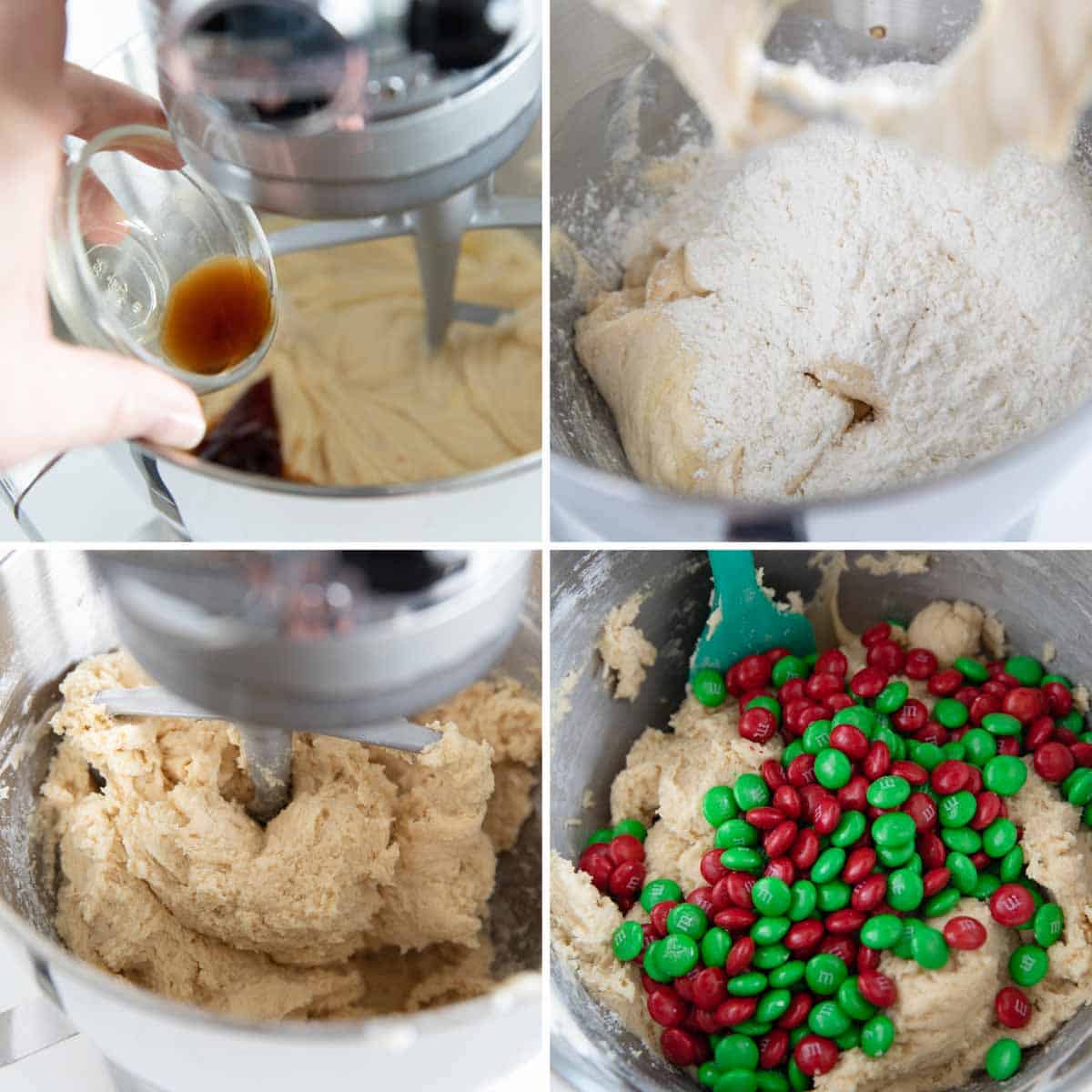Making dough and adding m&m for Christmas cookies.