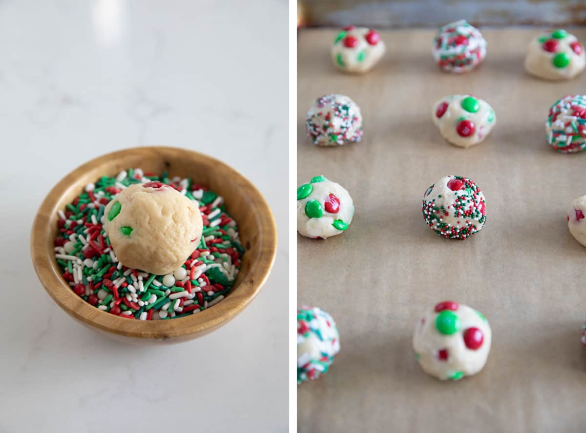 Rolling cookie dough in sprinkles and placing on a baking sheet.
