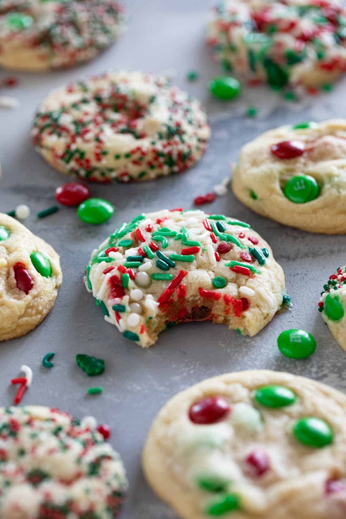 Christmas M&M cookies with sprinkles.