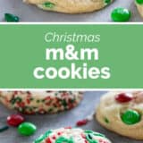 Christmas M&M Cookies collage with text bar in the middle.
