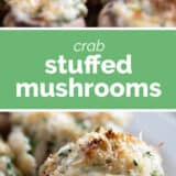 Crab stuffed mushrooms collage with text bar in the middle.