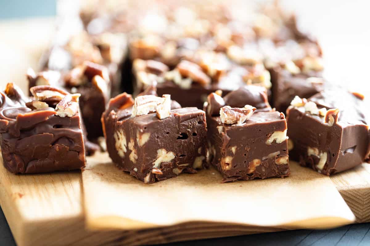 Slices of easy fudge with pecans.