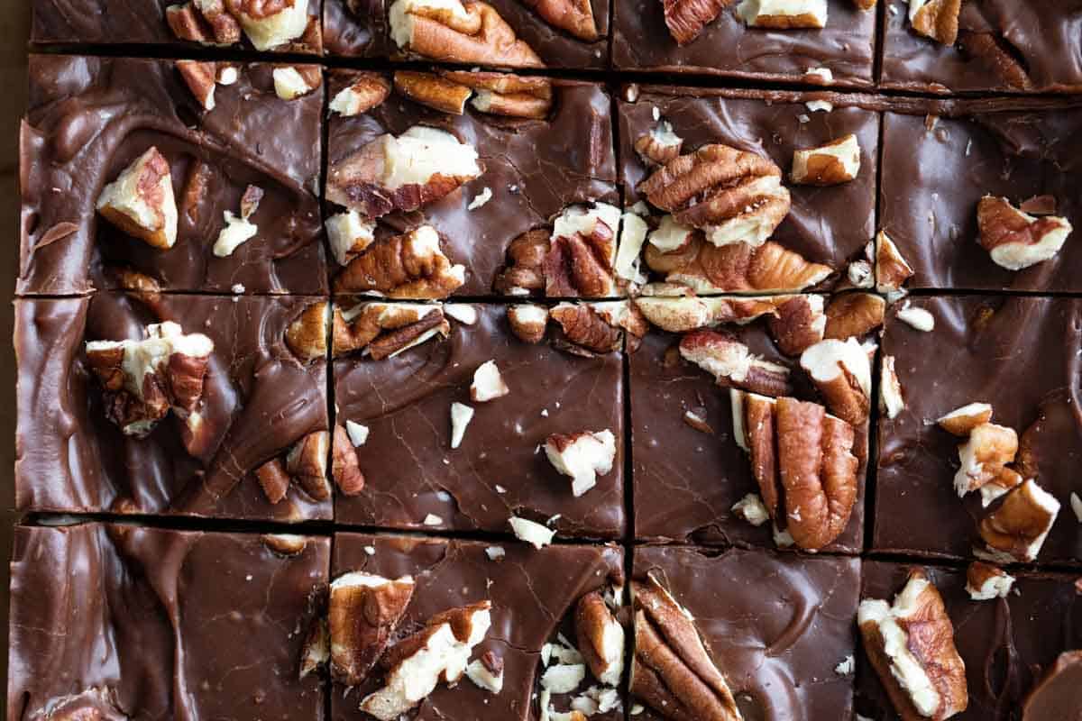 Close up of chocolate fudge with pecans.