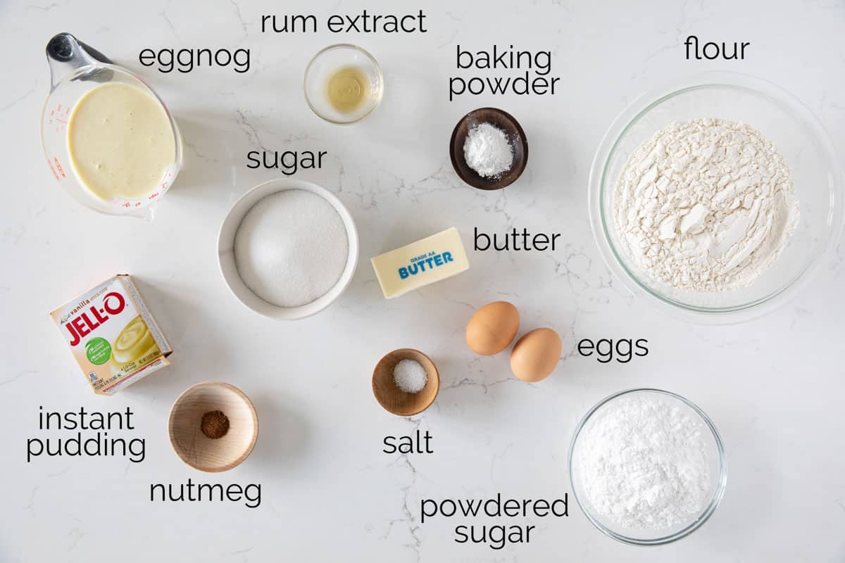 Ingredients needed to make eggnog bread with eggnog glaze.