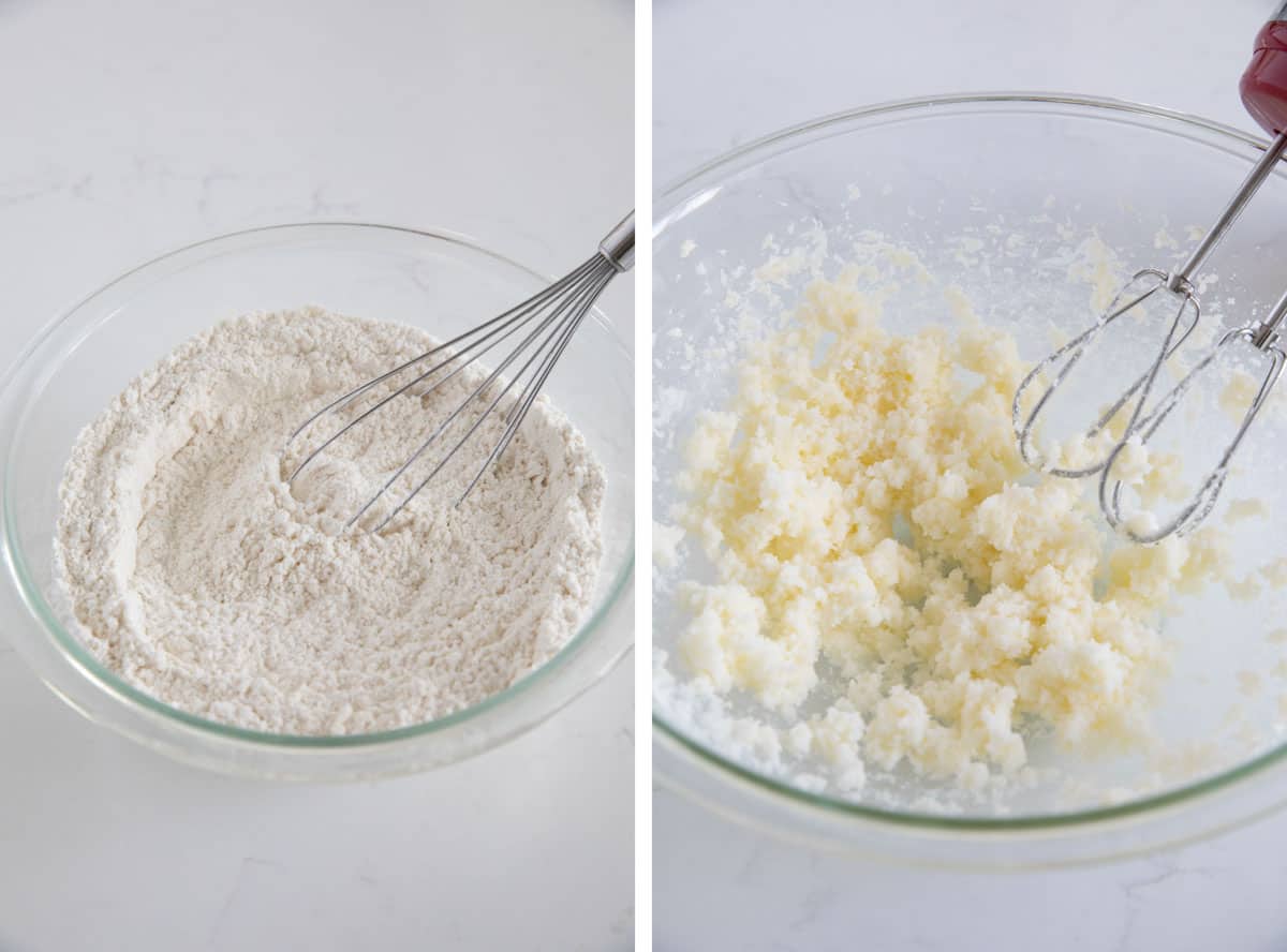 Mixing dry ingredients in a bowl and creaming butter and sugar together in a bowl.