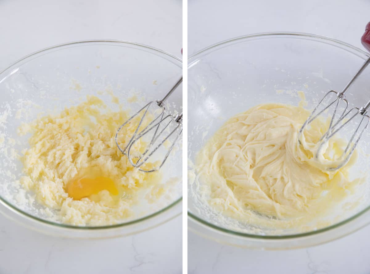 Mixing ingredients together for eggnog bread.