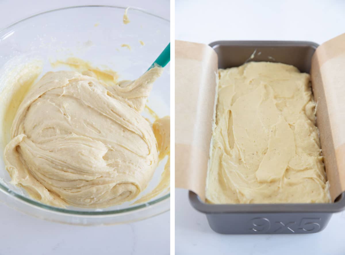 Eggnog bread batter in a bowl and in a baking pan.