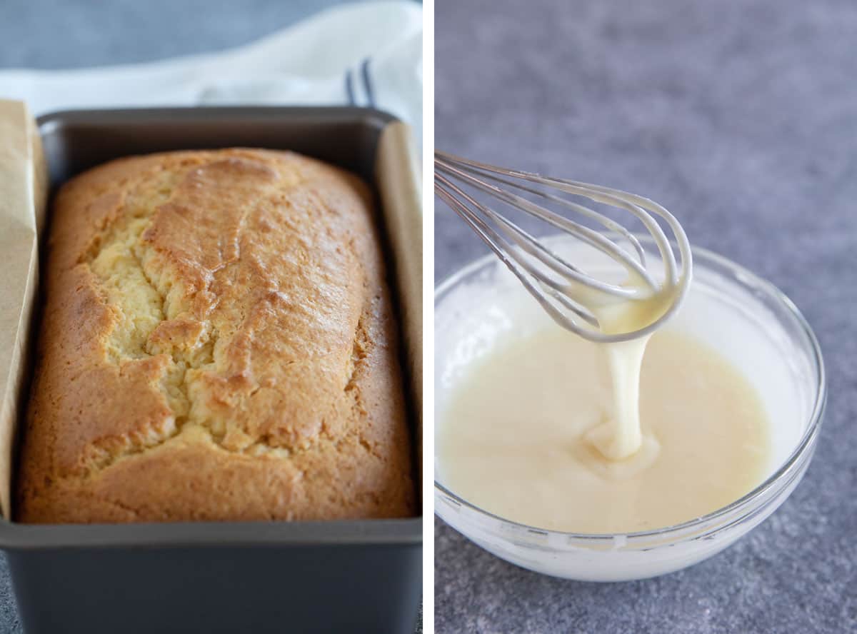 Loaf of eggnog bread in the baking pan and eggnog glaze in a bowl.