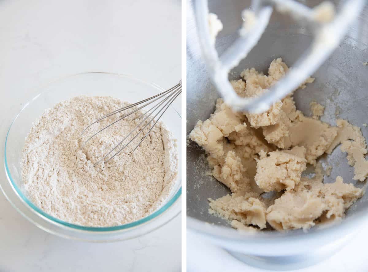 Mixing dry ingredients and creaming butter and sugar for ginger cookies.