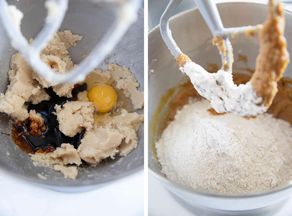 Mixing bowl with ingredients for soft ginger molasses cookies.