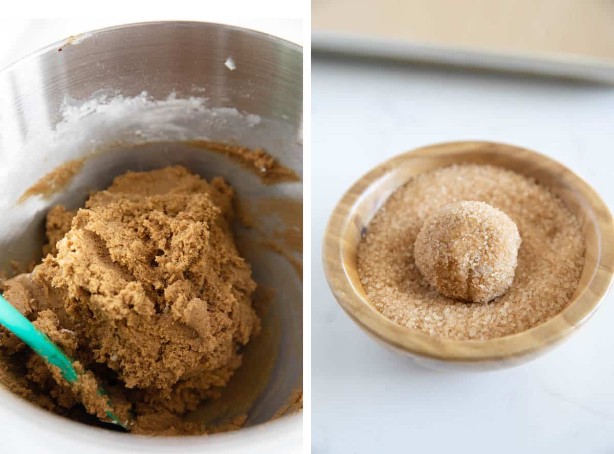 bowl with ginger cookie dough and dough ball being rolled in coarse sugar.