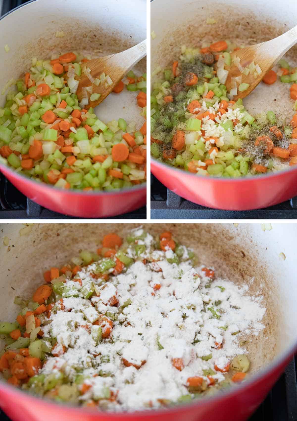 Sauteeing vegetables for Lemon Chicken Orzo Soup.