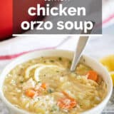 Lemon Chicken Orzo Soup with text overlay.