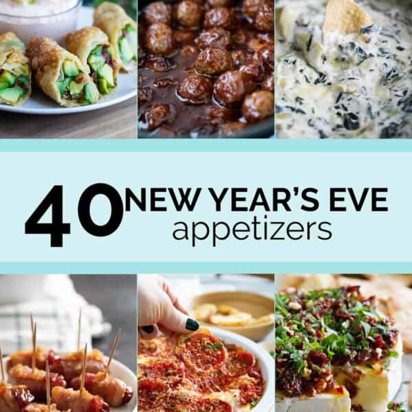 Collage with 6 appetizer photos and text bar in the middle for New Year's Eve Appetizers.