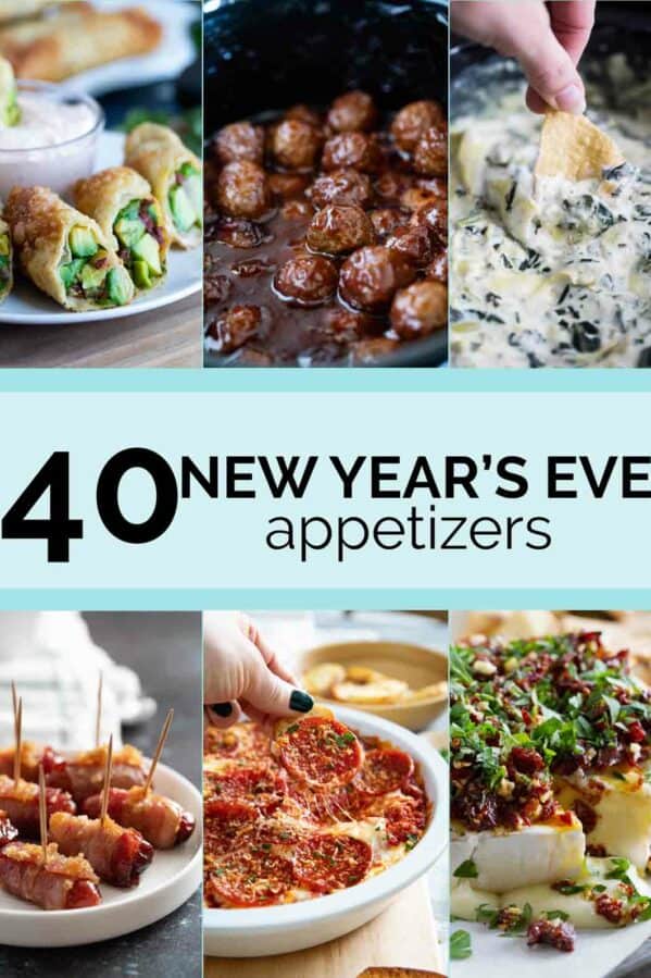 Collage with 6 appetizer photos and text bar in the middle for New Year's Eve Appetizers.