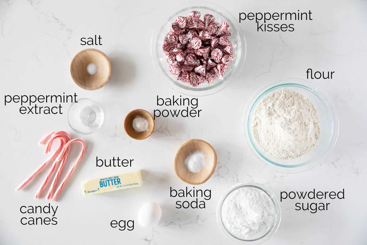 Ingredients for Peppermint Kiss Cookies.