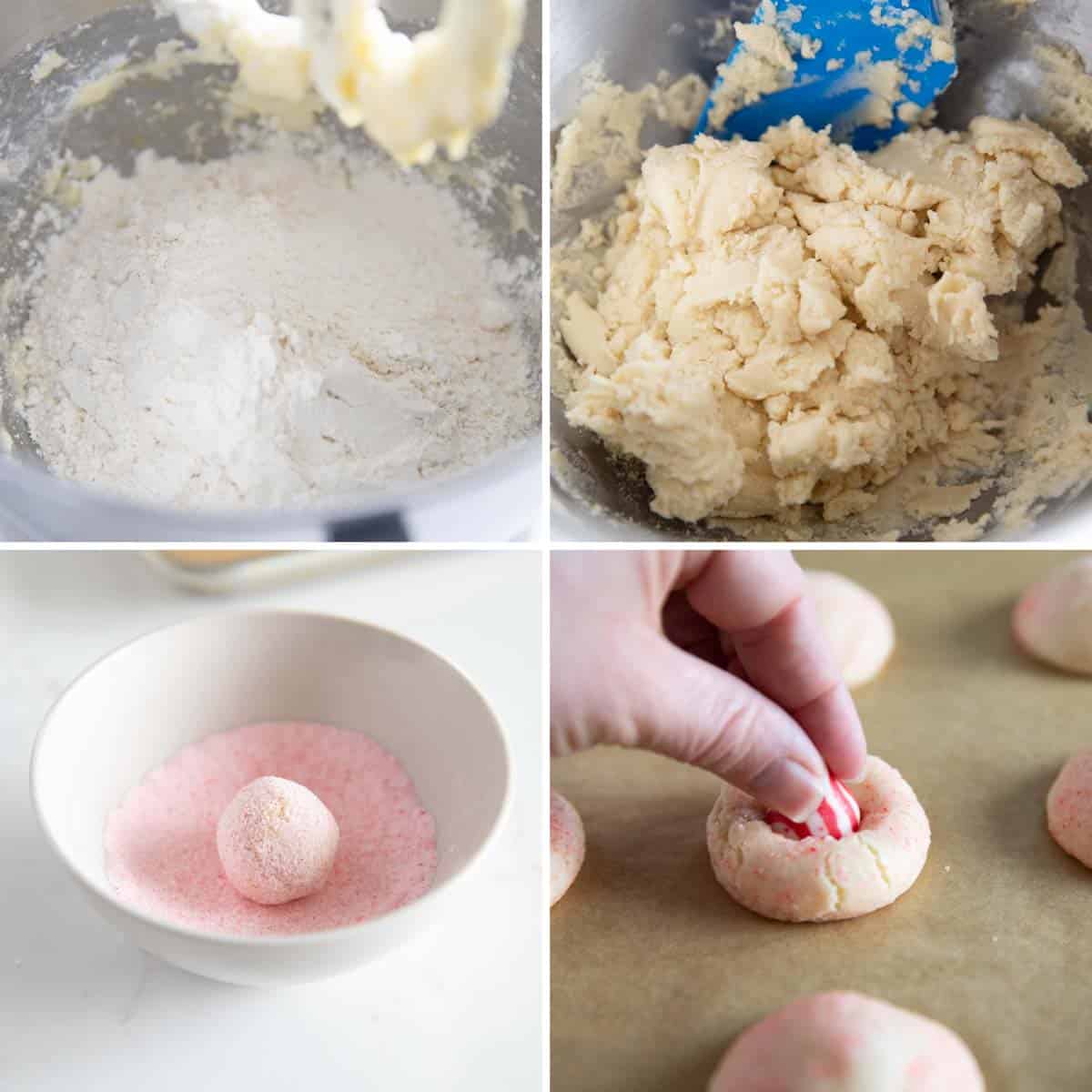 Making dough for peppermint kiss cookies and rolling in candy cane.